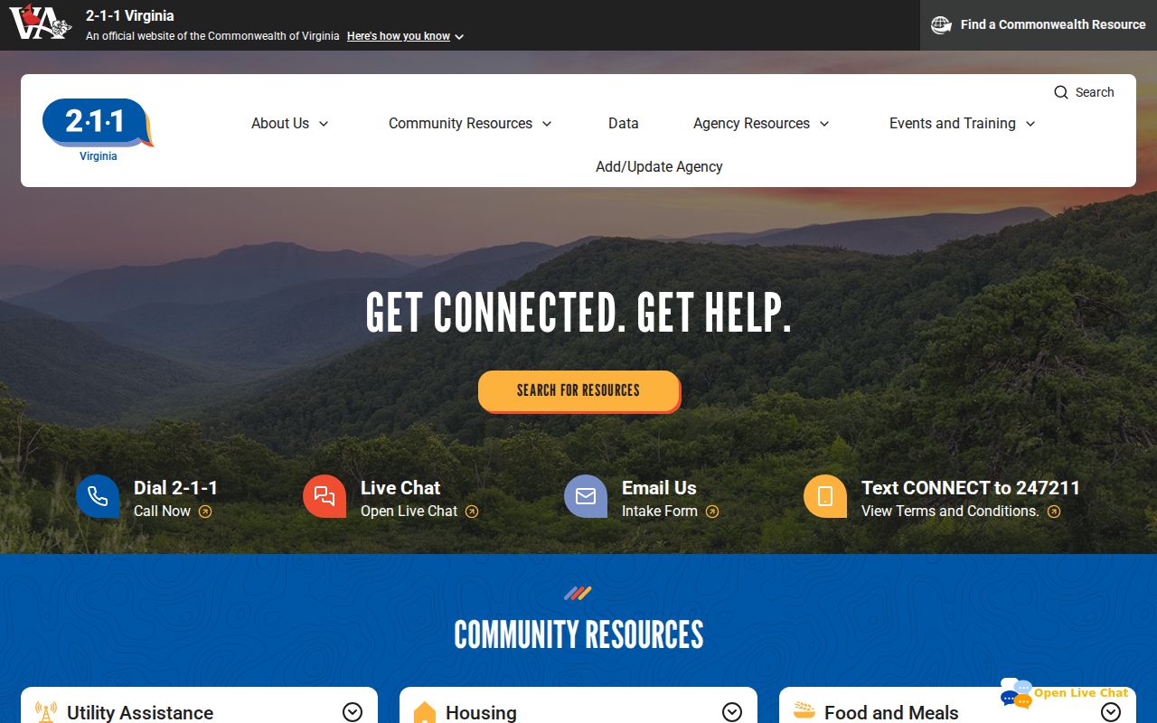 211 Virginia access page with community service phone numbers for the Virginia phone directory