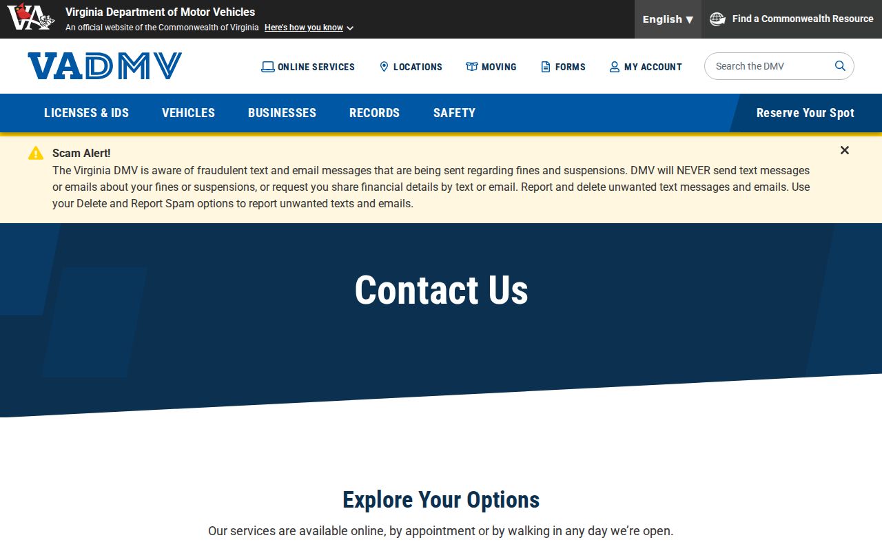 Virginia DMV contact page in the Virginia phone directory with customer service phone numbers