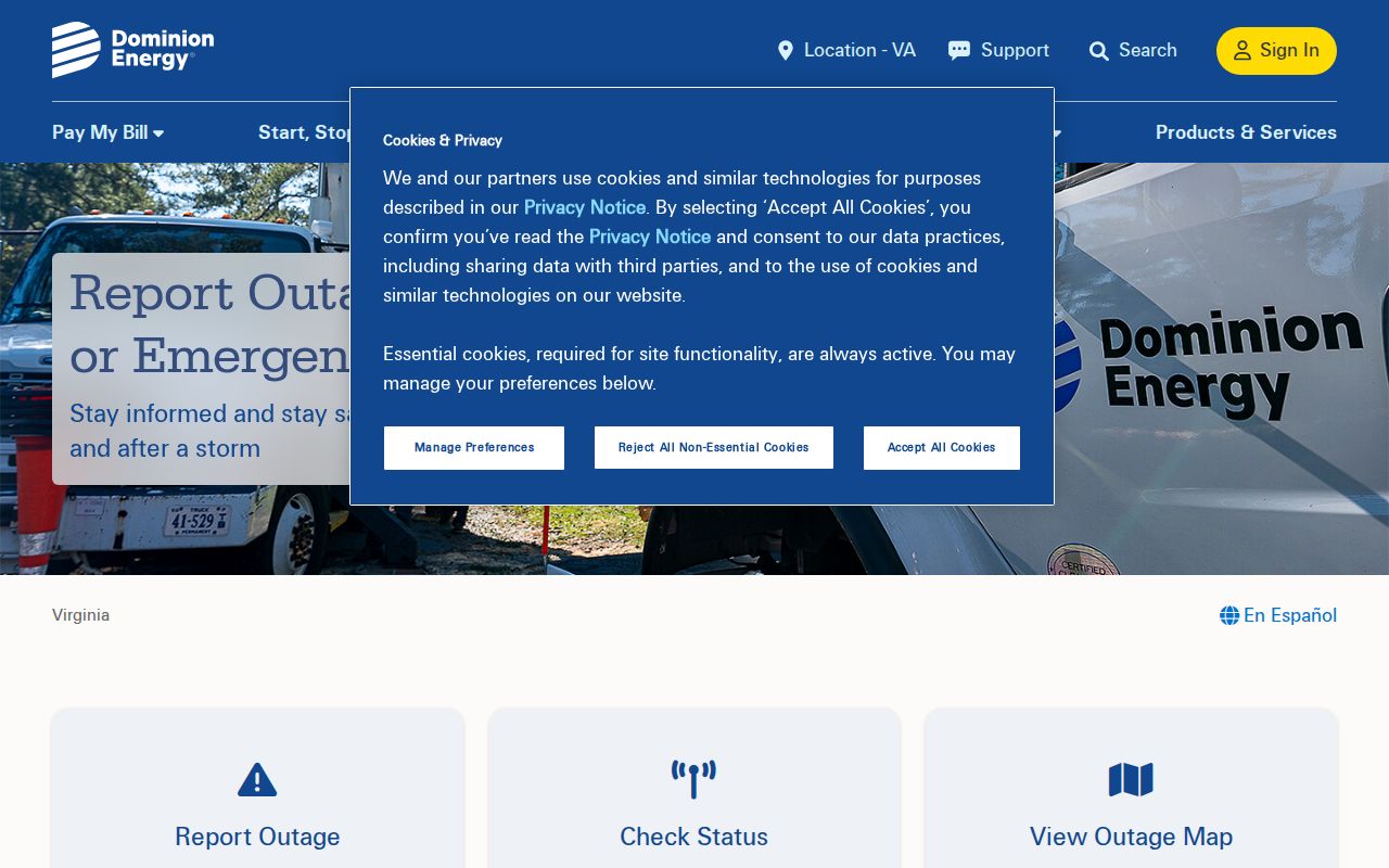 Dominion Energy Virginia outage page listed in the Virginia phone directory for utility numbers