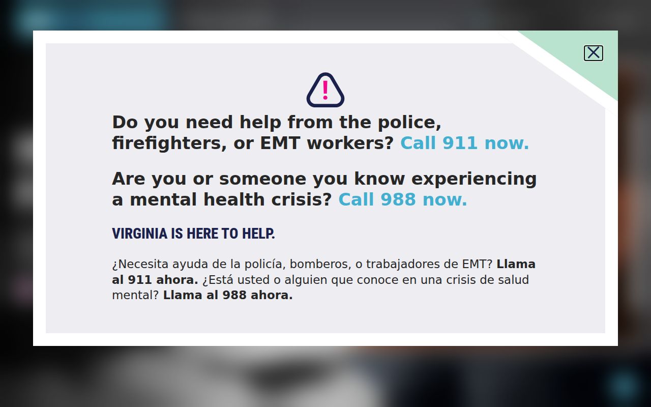 Virginia 988 crisis page listed in the Virginia phone directory for public safety numbers