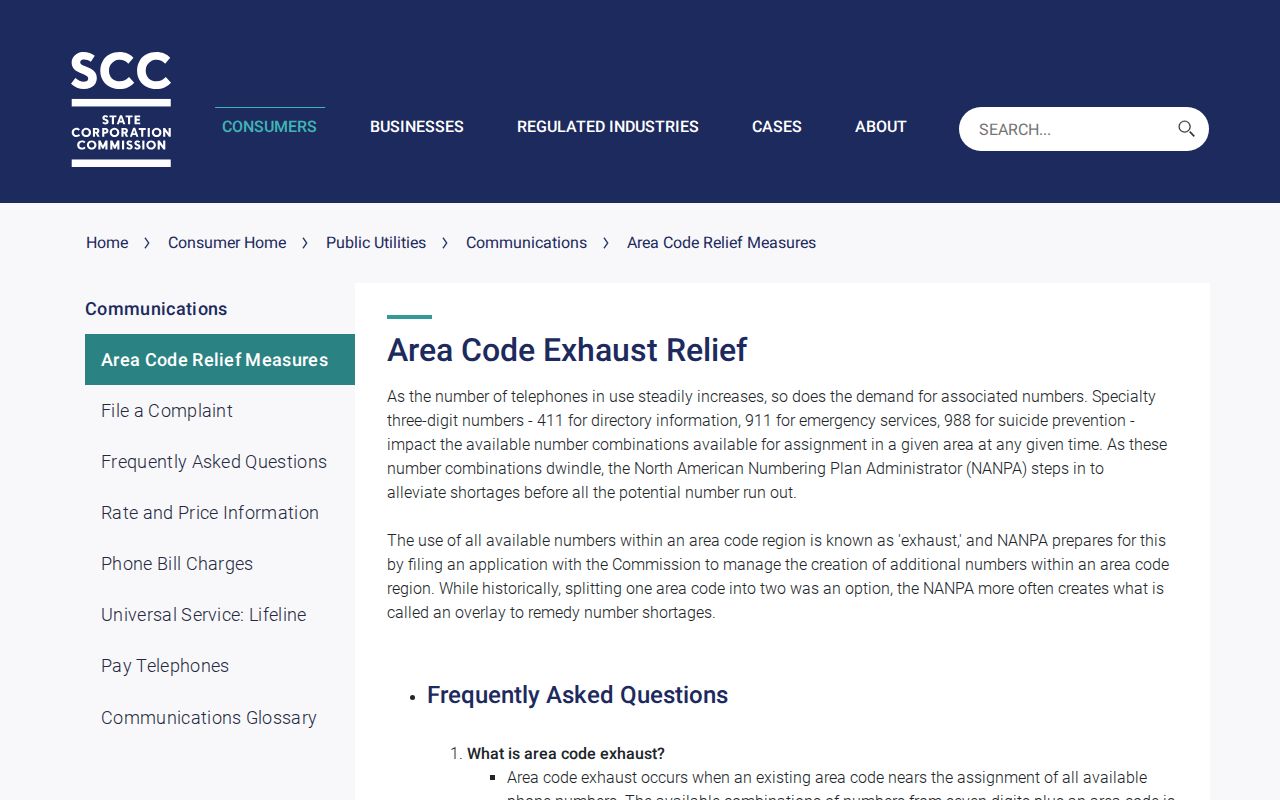 SCC area code relief page explaining Virginia phone directory area code overlays