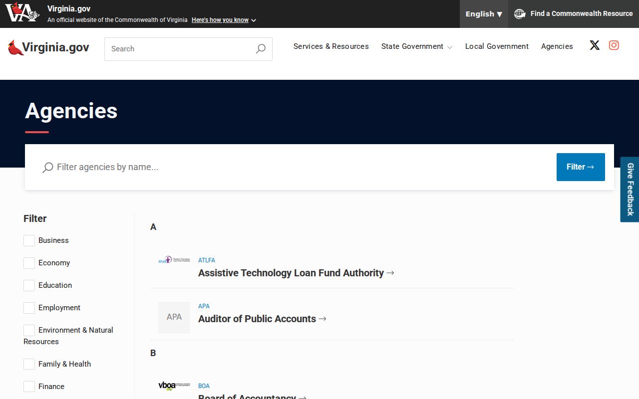 Virginia.gov agency index used as a Virginia phone directory for state offices