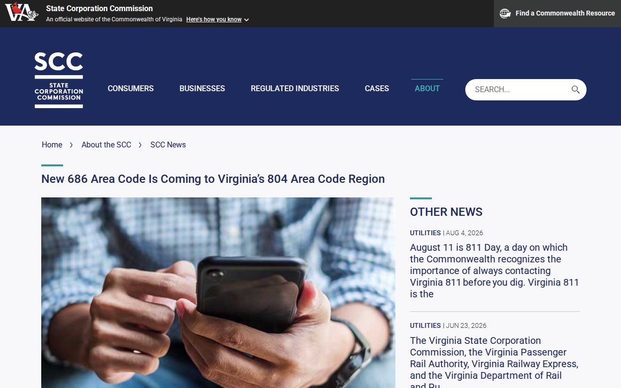 SCC news release announcing the 686 Virginia area code overlay for the 804 region