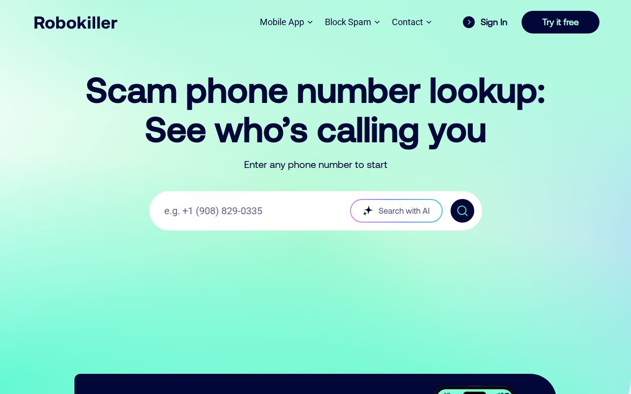 RoboKiller lookup page checking the reputation of a phone number seen in Virginia