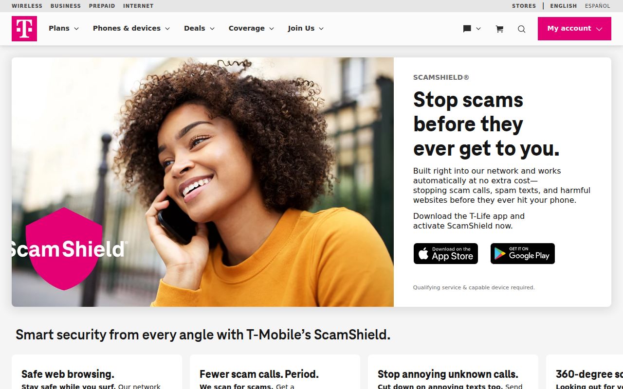 T-Mobile Scam Shield page showing the phone code that turns on scam blocking