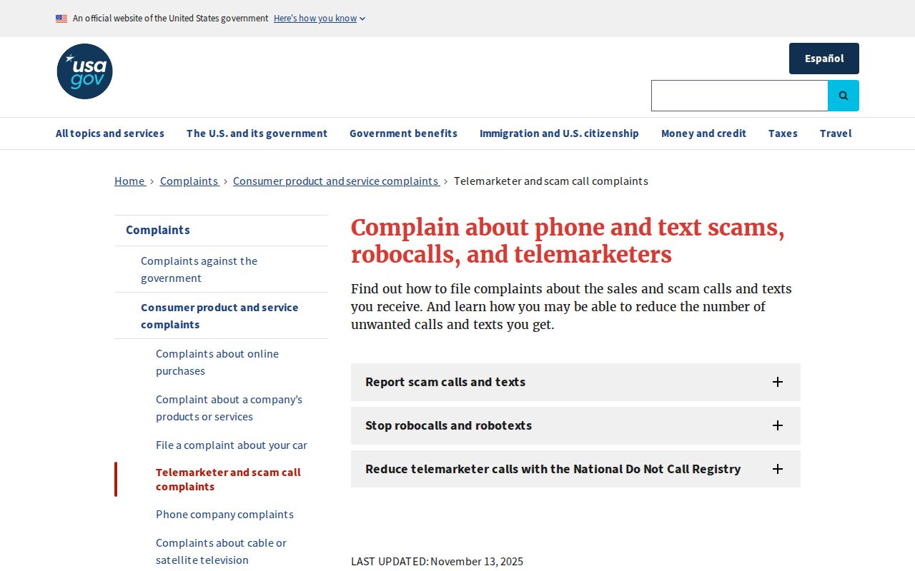 USA.gov guide explaining where to report scam calls placed to Virginia numbers