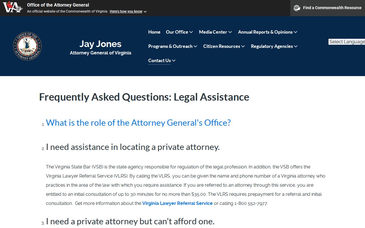 Virginia Attorney General contact page with consumer protection and victim notification phone numbers