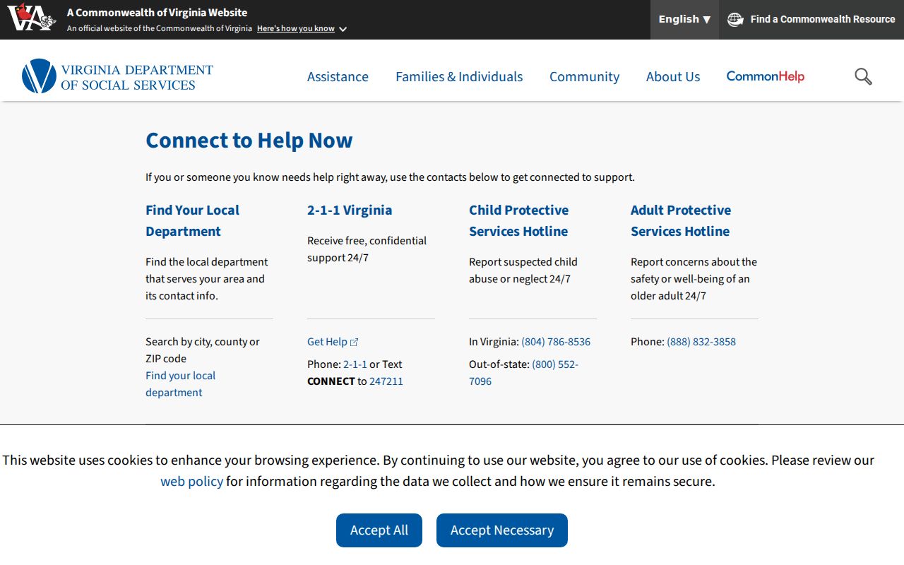 Virginia Department of Social Services contact page with benefit assistance phone numbers
