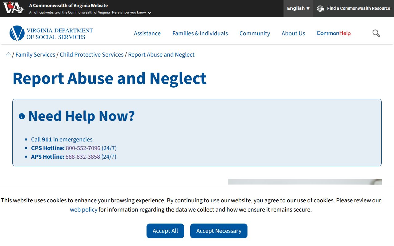 Virginia child abuse reporting page with the CPS hotline phone number