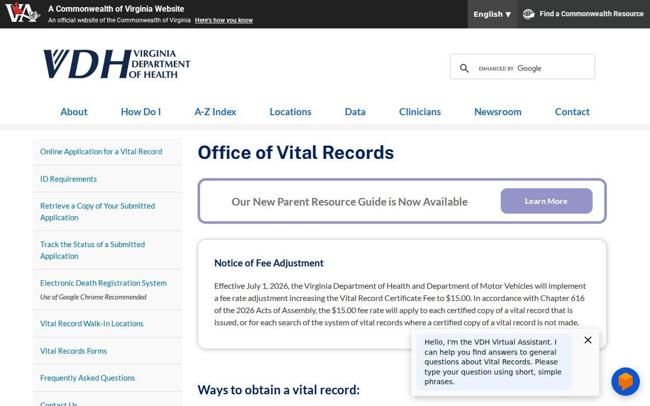 Virginia Office of Vital Records page with the customer care phone number and lobby hours
